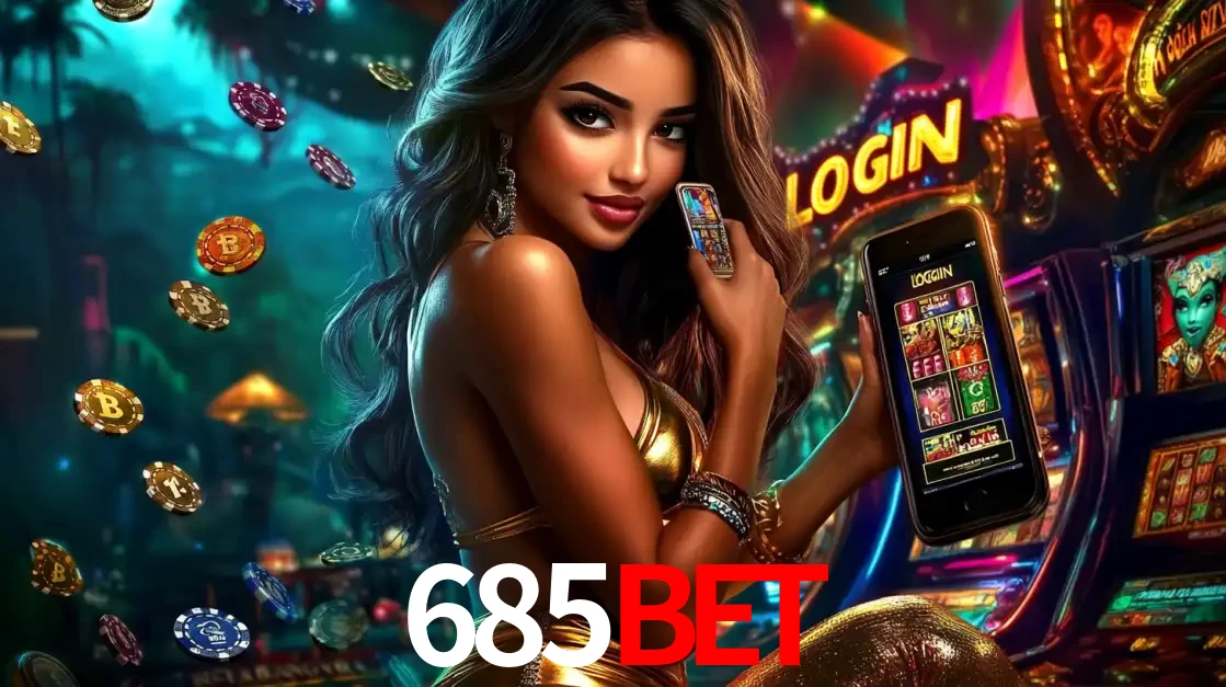 Mulher em um cenário de cassino temático de aventura, mostrando o app de caça-níqueis da 685bet no celular. Fichas de apostas flutuam ao redor.