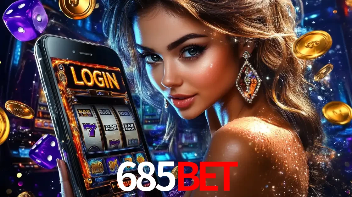 Mulher glamorosa segurando um smartphone com a tela de login para os jogos de caça-níqueis do cassino online 685bet, com moedas de ouro e dados ao redor.