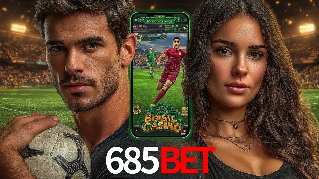 Homem segurando uma bola de futebol e uma mulher ao lado de um smartphone exibindo o jogo de apostas esportivas da 685bet. Faça seu palpite no cassino online.